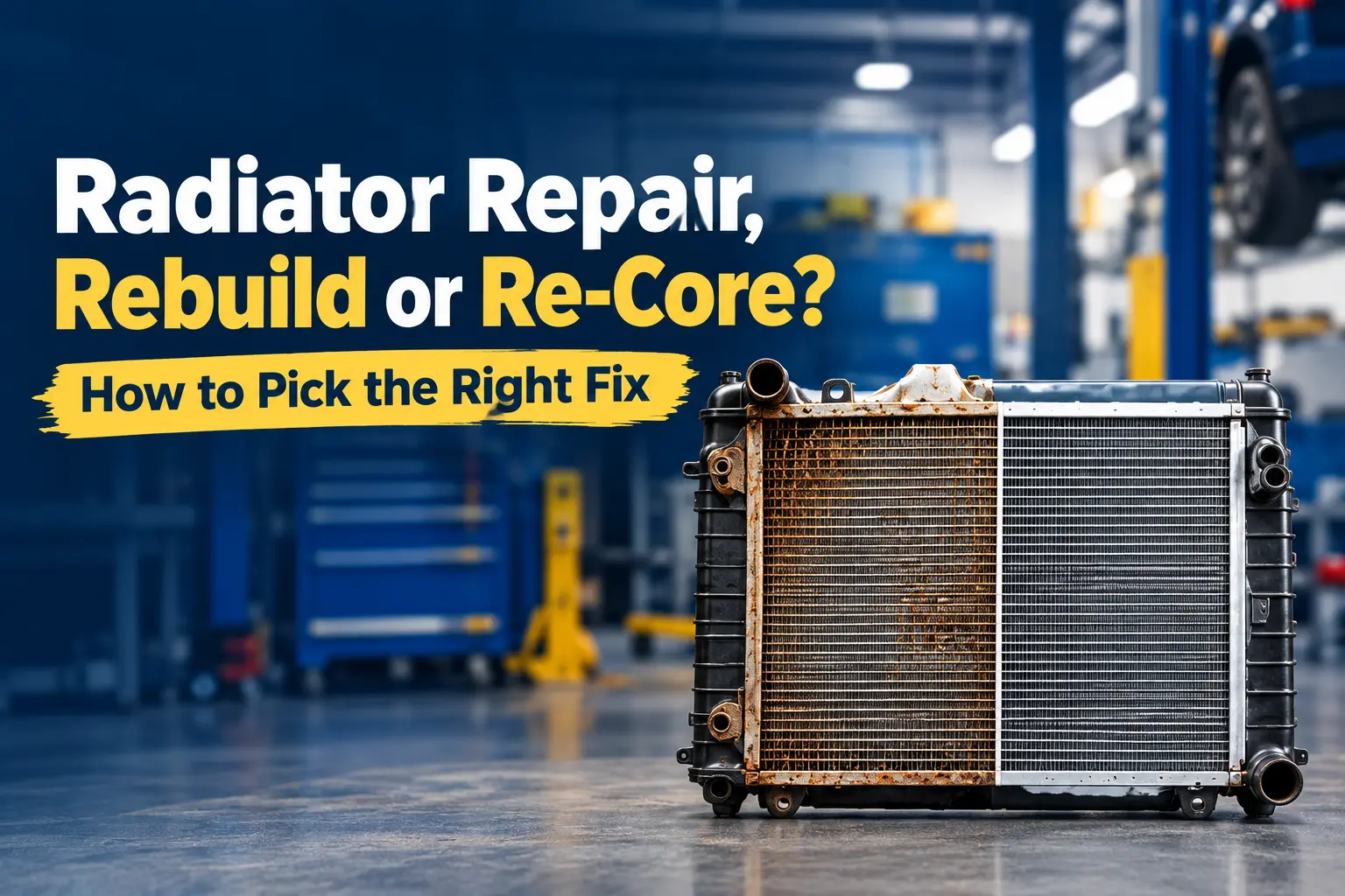 echnician re-coring a truck radiator," "radiator core being pressure tested in a workshop