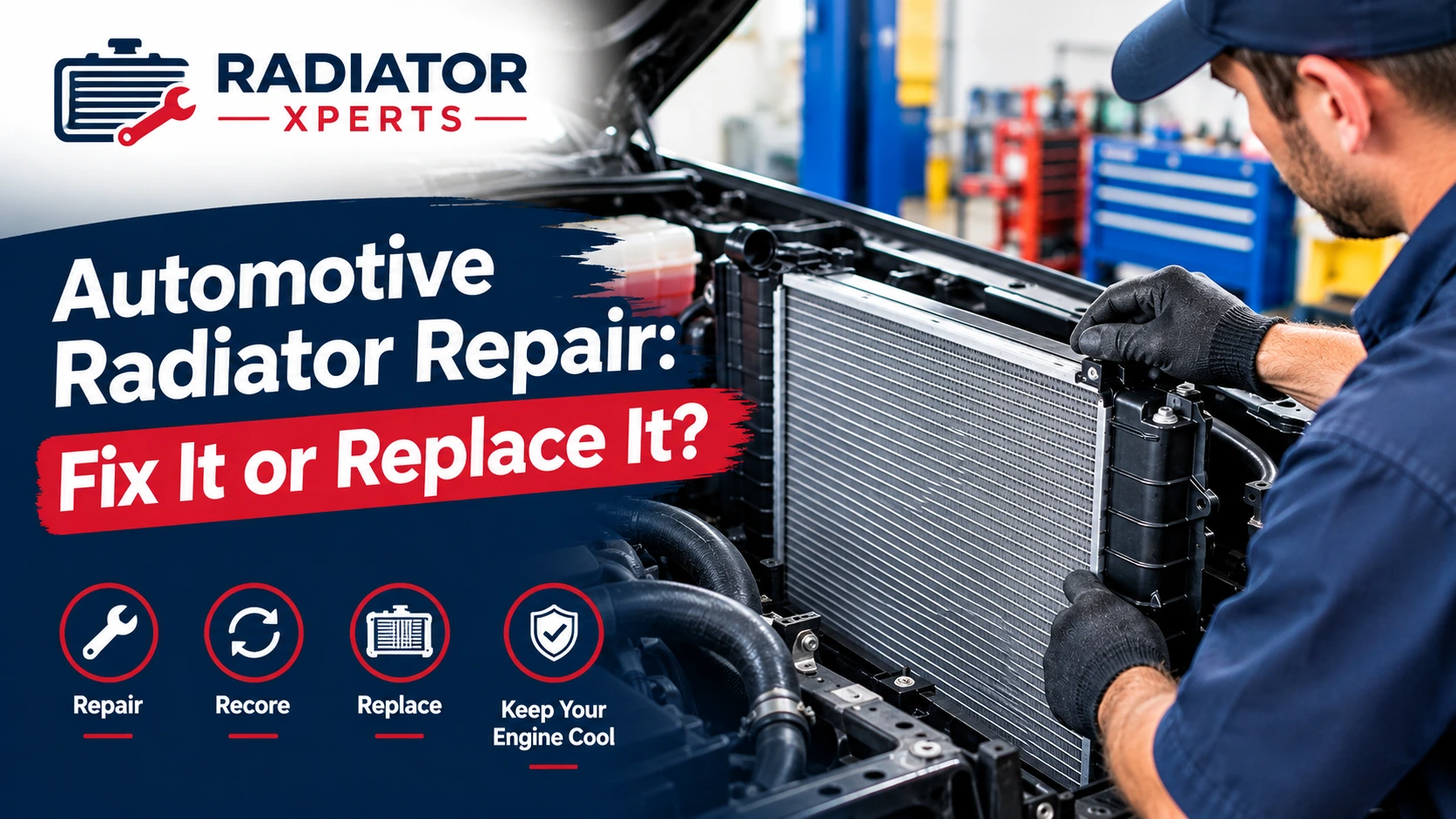 Automotive radiator repair at Radiator Xperts, showing a mechanic inspecting a car cooling system.