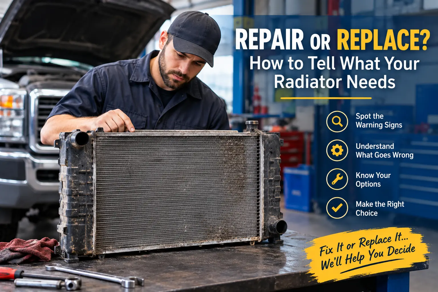 Mechanic inspecting an old radiator to determine whether repair or replacement is needed.